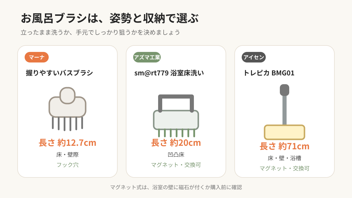 お風呂掃除ブラシ3商品の長さ・得意な場所・収納