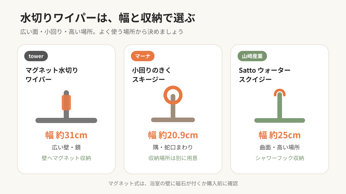 浴室用水切りワイパー3商品の幅・収納・得意な場所