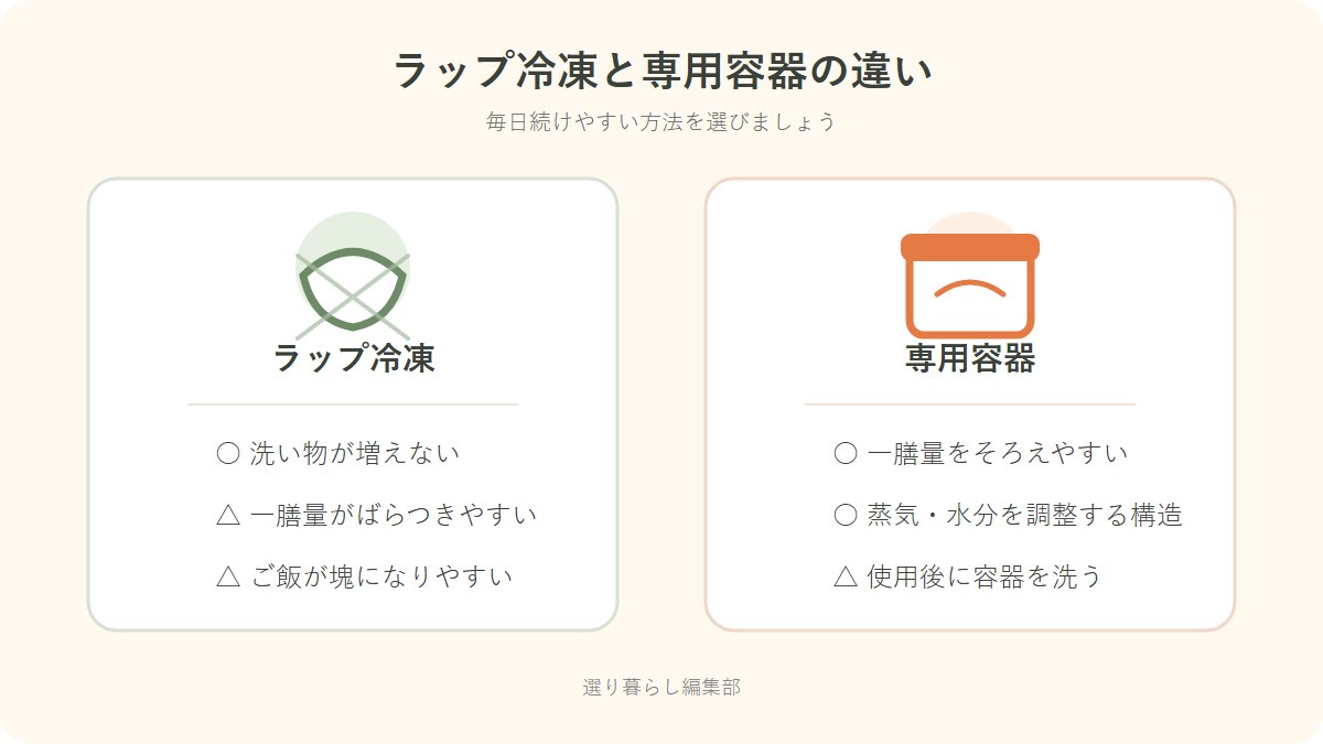 ラップ冷凍と冷凍ご飯専用容器の違い