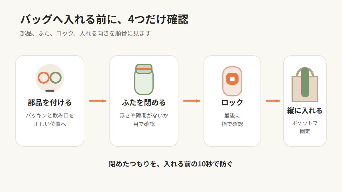ワンタッチ式水筒をバッグへ入れる前の3つの確認