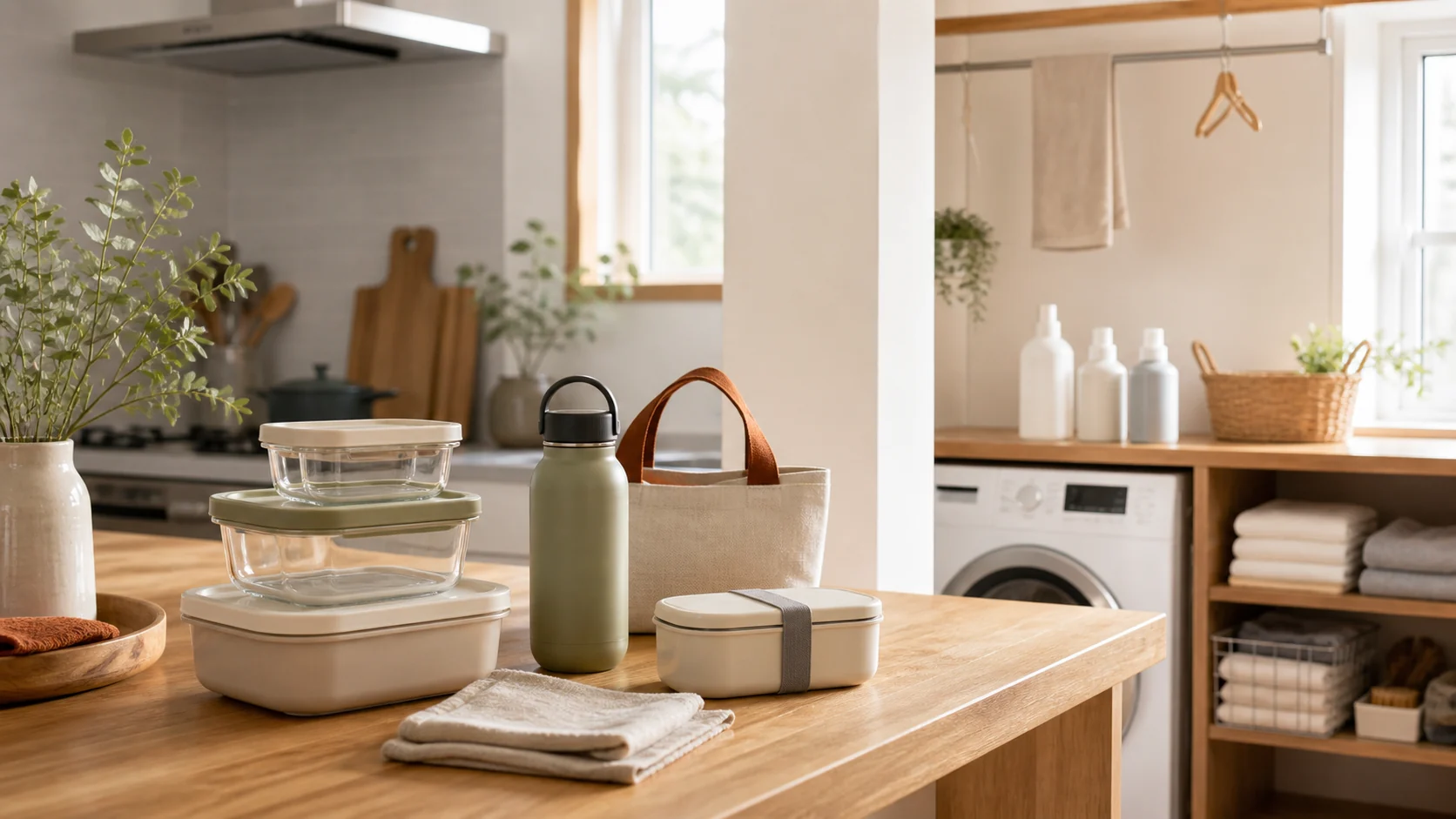 キッチン用品と洗濯用品が並ぶ明るい暮らしの風景